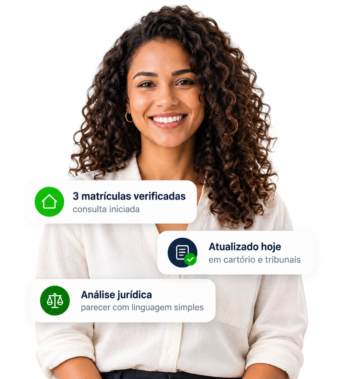Mulher sorrindo com selos de 3 matrículas verificadas, consulta iniciada, atualizado hoje em cartório e tribunais, e análise jurídica com linguagem simples