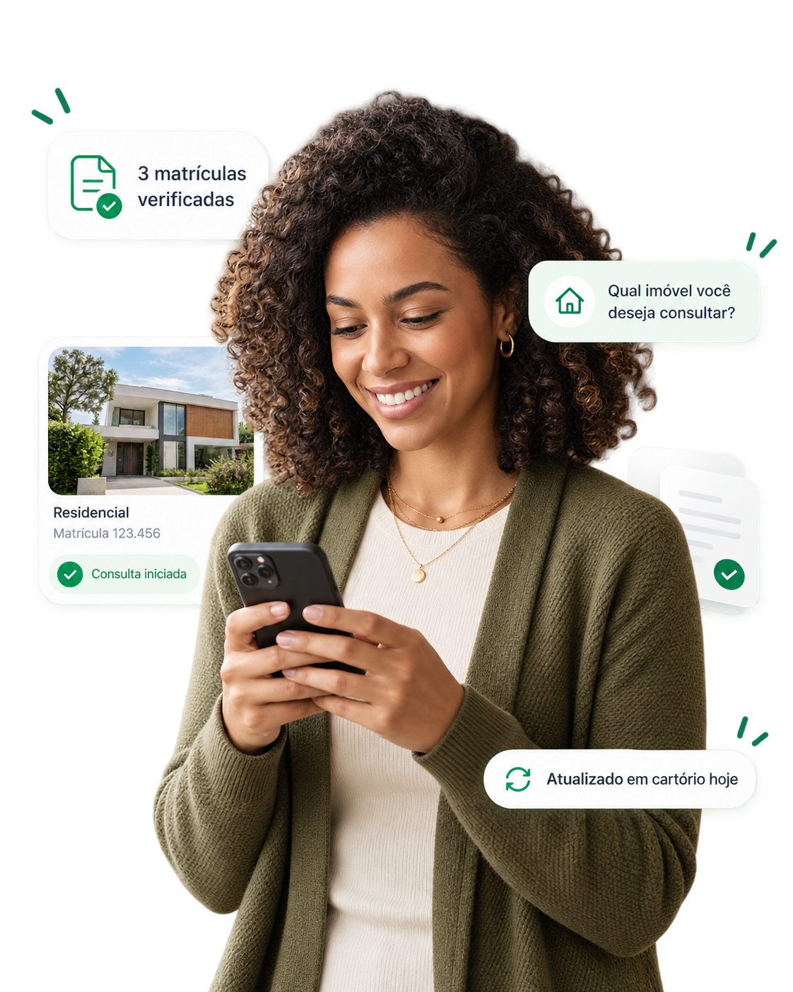 Pessoa consultando pelo celular a verificação da matrícula do imóvel, com selos de matrículas verificadas, imóvel residencial e atualização em cartório